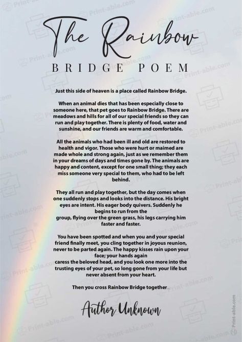 Rainbow Bridge Poem Printable Serenity Prayer Printable, Mittens Template, Fraction Chart, Dad Printable, Memorial Ceremony, Serenity Prayer, Quiet Moments, Printable Tags, Printable Calendar