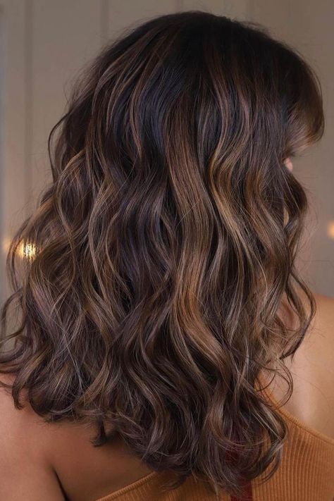 Balayage, Dark Brown Mid Length Curly Hair, Carmel Highlights On Brown Hair With Curtain Bangs, Deep Caramel Highlights, Highlights In Dark Brown Hair Curly, Honey Bayalage Brunette Curly, Highlights On Wavy Brown Hair, Curly Dark Brown Hair Balayage, Medium Brown Hair With Dark Lowlights