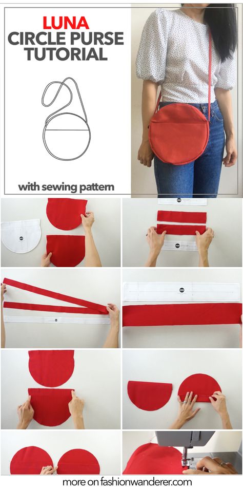 From interior to external pocket and lengthy shoulder strap, this will become your must-have purse for casual and going out looks. Here is Luna circle purse sewing pattern to add to your DIY bag collection. Round Bottom Bag Pattern, Half Moon Bag Sewing Pattern, Cute Bag Patterns, Heart Purse Sewing Pattern, Round Purse Pattern Free Sewing, Sewing Patterns Purse, Circle Pouch Pattern, How To Make Shoulder Bag, Diy Bag Strap Ideas