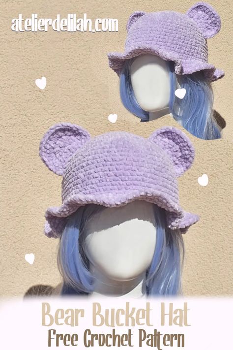 Amigurumi Patterns, Crochet Link Hat Pattern Free, Crochet Bear Bucket Hat Free Pattern, Dog Bucket Hat Crochet Pattern, Cute Hat Crochet Pattern Free, Bear Ears Crochet Pattern, Crochet Chenille Hat, Crochet Build A Bear Accessories, Fluffy Crochet Hat Pattern