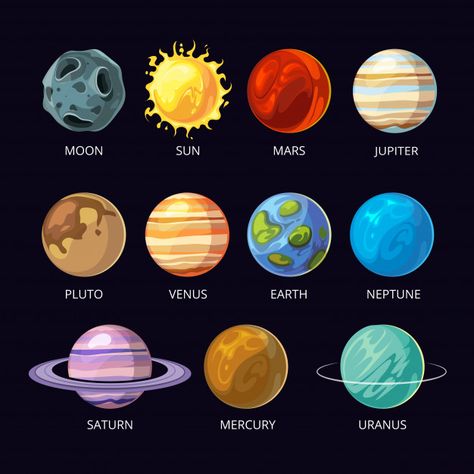 Planets of solar system cartoon set on dark sky space background. Premium Vector Sistem Suria, Planets Of Solar System, Backgrounds Summer, Backgrounds Disney, Disney Backgrounds, Fantasy Backgrounds, Tata Surya, Solar System Art, Planet Drawing