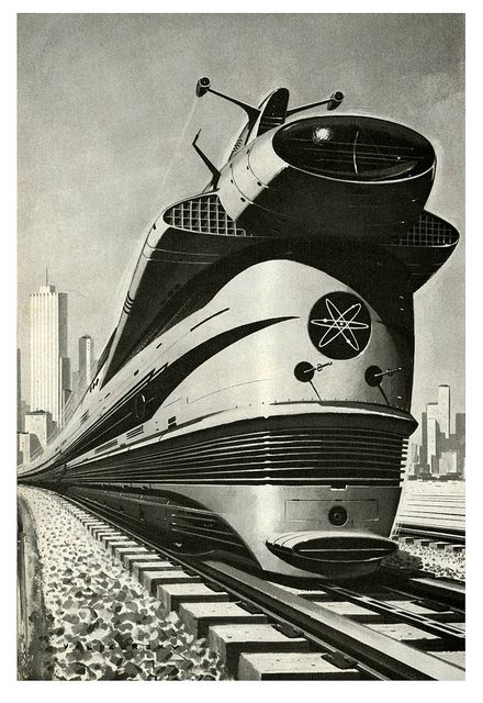 Atomic Locomotive | Flickr - Photo Sharing! Science Fiction Art, Atomic Age, Teknologi Futuristik, New Retro Wave, Train Art, Old Trains, Art Deco Posters, Retro Futuristic, Train Tracks