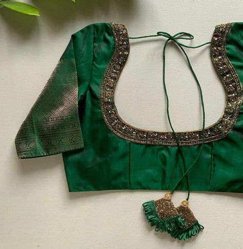 Dark Green Work Blouse Designs, Blouse Designs For Green Blouse, Blouse Back Designs For Pattu Sarees, Simple Blouses For Pattu Sarees, Simple Aari Work Blouse Design Green, Blouse Models For Pattu Sarees Back Neck, Green Color Blouse Designs Latest, Green Pattu Saree Blouse Designs, Back Neck Designs For Pattu Blouses