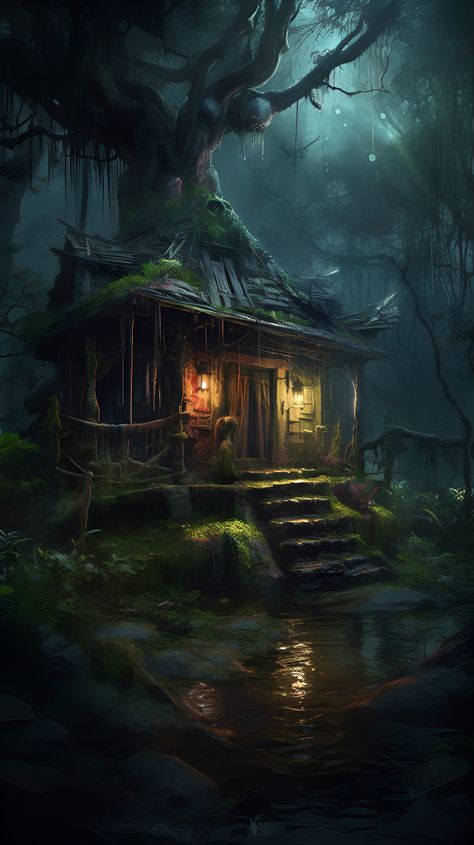 As the explorer trudged through the thick, humid air of the Louisiana swamp, his feet sinking into the murky water with every step, he spotted a small, dilapidated shack nestled among the trees. As he approached, he saw strange symbols etched into the wooden walls and a pungent smell of herbs and incense emanating from within. Heart racing, he realizes he has stumbled upon a voodoo shack, rumored to exist in the depths of the Louisiana swamps. Swamp Fantasy Landscape, Swamp Village Art, Swamp Aesthetic Wallpaper, Fantasy Swamp City, Swamp Castle Concept Art, Swamp Art Illustrations, Swamp Hag Aesthetic, Swamp Armor, Swamp Witch Character Design
