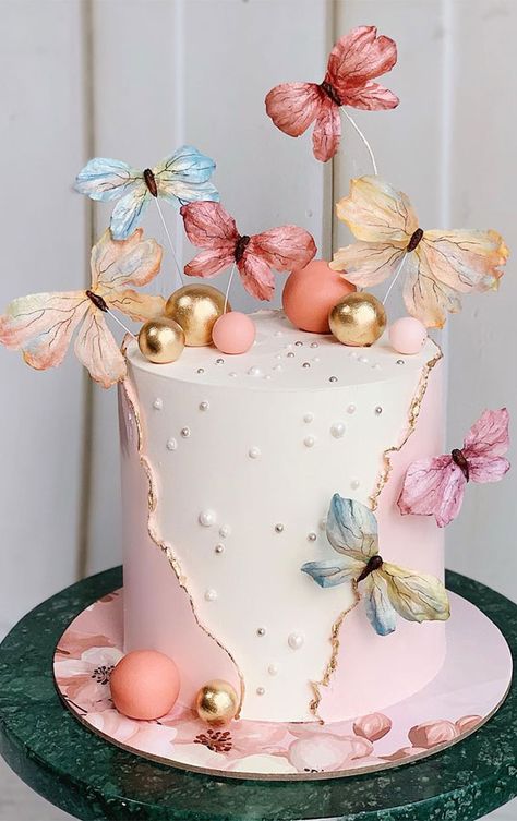 3. Butterfly birthday cake Celebrate in style with this pretty colour combo of blush pink and white with gold accents. This adorable cake is... New Cake Design, Cake Designs For Girl, Butterfly Birthday Cakes, Beautiful Cake Designs, Baby Shower Cakes Girl, Elegant Birthday Cakes, Pink Birthday Cakes, Creative Birthday Cakes