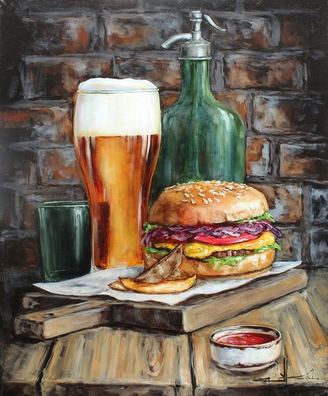 READY to HANG. TITLE: Beer and Burger MEDIUM: oil on canvas stretched SIZE: 17.7 x 13.7 inc. / 45 x 35 cm YEAR: 2023 Beautiful authors picture! impressionistic oil painting! Realistic art. Original painting, oil painting on canvas is rich in details and colors. Signed by the artist. The picture Beer And Burger, Oil Painting Realistic, Food Wall Decor, Burger Art, Beer Painting, Painting Realistic, Drink Art, Bar Signage, Bar Food