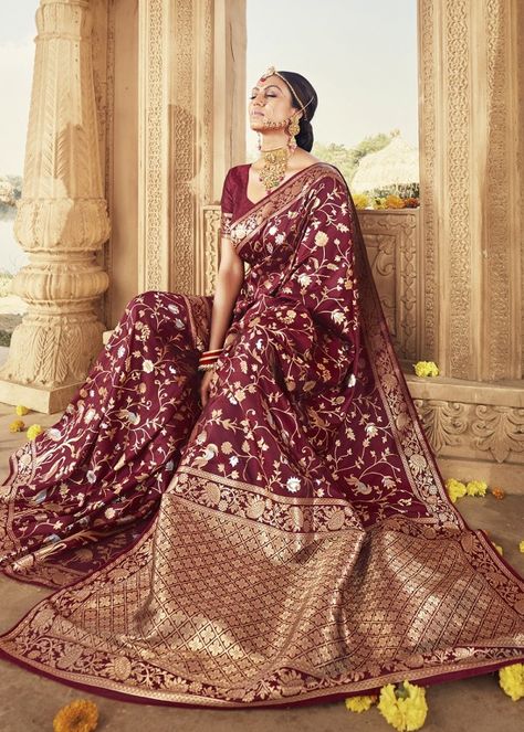 Maroon Banarasi Saree Bridal, Maroon Bridal Saree, Maroon Banarasi Saree, Maroon Silk Saree, Maroon Banarasi, Indian Fits, Engagement Saree, Cultural Fashion, Maroon Saree