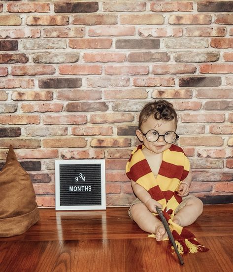 Harry Potter themed photo for baby  (9 3/4 months) Diy 9 Month Photoshoot, Harry Potter Baby Photoshoot 9 3/4, Harry Potter Milestone Pictures, Newborn Harry Potter Photoshoot, Baby Harry Potter Photoshoot, Monthly Theme Baby Photos, 9months Baby Photoshoot Boy, 6 Month Baby Photo Shoot, 9 3/4 Birthday