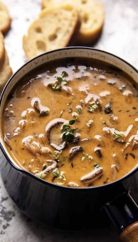 Soup Lovers | Creamy French Onion & Mushroom Soup Onion And Mushroom Soup, V8 Juice, Mushroom Soup Recipe, Soup Vegetable, Harvest Recipes, Fall Soups, Soup Season, Half Baked, Soup And Stew