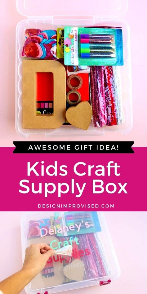 Make a personalized craft supply gift box for Christmas 2020! A great kids gift idea. Kids Craft Box Ideas, Group Gifts For Kids, Kids Craft Box Gift, Art Box For Kids, Craft Box For Kids, Kid Gift Ideas, Diy Craft Kits For Kids, Craft Gifts For Kids, Personalized Kids Gifts