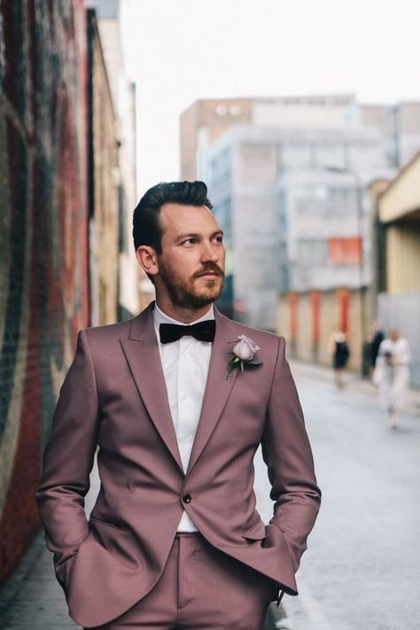 a mauve groom's suit with a white shirt and a burgundy velvet bow tie for a unique feel Man Wear, Groom's Suit, Dapper Grooms, Wedding Tux, Velvet Bow Tie, Groom Wedding Attire, Mauve Wedding, Chic Vintage Brides, Wedding Suits Groom