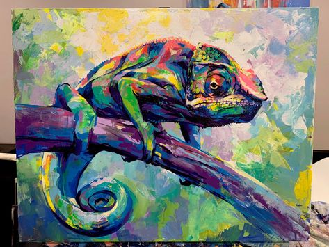 Acrylic on 24x30" Canvas, painting by Dimitri Sirenko  #chameleon #reptilecanvas #painting #lizardart Cameleon Art, Chameleon Art, Elephant Poster, Bear Wall Art, Elephant Canvas, Elephant Wall Art, Bear Art, Arte Pop, Animal Paintings