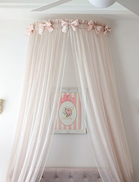 "Princess style. Large. Impressive. Romantic. Handcrafted. Size of each panel W78\" × H108\" Choose the option with  \"blush silk organza\" or \"sheer voile\" curtains.  Add a note about the curtains' color and lace trim preference during you order . Do you need another color? Please send me a message." Rose Gold Bedroom Ideas For Women, Diy Bed Canopy Easy, Bed Curtains Diy, Traditional Girls Bedroom, Vintage Princess Aesthetic Bedroom, Pink White Bedroom, Pink Princess Room, Princess Curtains, Shabby Chic Girls Bedroom