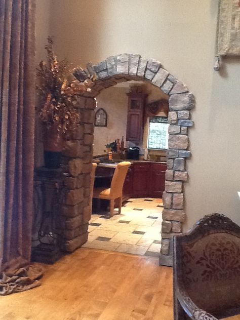 Love my archway between great room & kitchen/keeping room Midevil House Decor, Medieval Aesthetic Home Decor, Midevil Home Decor Ideas, Tavern Themed Kitchen, Tavern Inspired Room, Tavern Inspired Kitchen, Medieval Game Room, Mid Evil Decor, Tavern Kitchen Decor