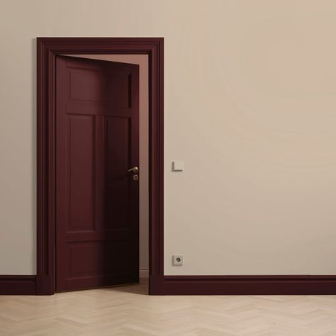 Half Painted Door, Bordeaux, Chris Loves Julia Music Room, Burgundy Trim Interior, Maroon Hallway, Dark Red Hallway, Contrast Trim Living Room, Dark Red Door, Cottage Wall Colors