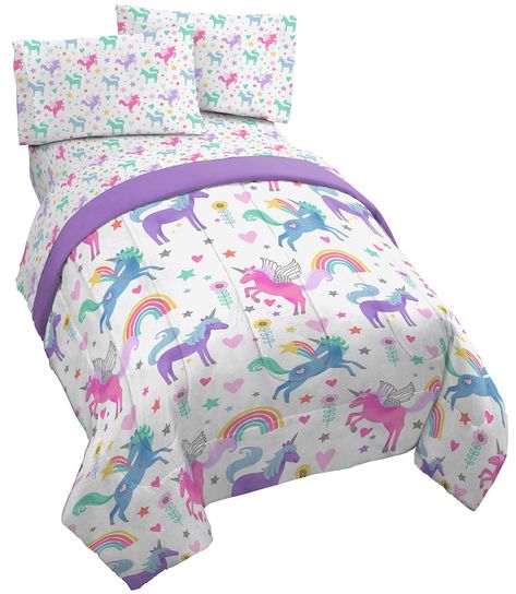 PRICES MAY VARY. PERFECT FIT & FUN DESIGN - This Unicorn Rainbow twin bed set includes (1) 64 Inch x 86 inch twin comforter, (1) fitted sheet 39 inch x 75 inch, (1) flat sheet 66 inch x 96 inch, and (1) standard pillow case 20 inch x 30 inch. Add a touch of decorative enchantment to your room with our fashionable and super soft Trend Collector Bed Set. HIGH QUALITY & GREAT VALUE - Keep your little one as cozy as can be! Trend Collector twin bed set is super soft and great for all seasons. 100% b Twin Bed Set, Full Size Comforter Sets, Kids Sheet Sets, Kids Twin Bed, Twin Bedding, Kids Sheets, Full Bedding Sets, Kids Bedding Sets, Purple Unicorn