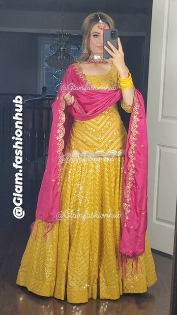 Yellow And Pink Traditional Outfits, Haldi Dress Combination, Yellow Suit With Pink Dupatta, Yellow Sarara Dress Indian Weddings, Yellow Traditional Outfits, Yellow Pink Combination Dress, Yellow Combination Outfits Indian, Latest Haldi Outfits, Yellow Lengha