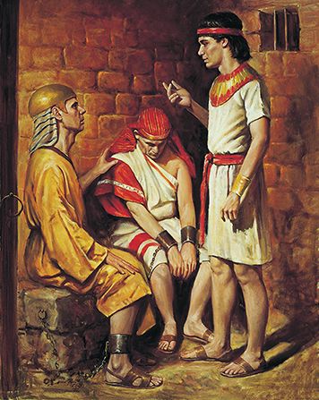 A painting by Del Parson depicting Joseph of Egypt in prison, interpreting the dreams of the butler and the baker, who sit near him. Joseph In Egypt, Bible Photos, Dream Symbols, Bible Images, Lds Art, Bible Characters, Bible Illustrations, Bible History, Bible Pictures