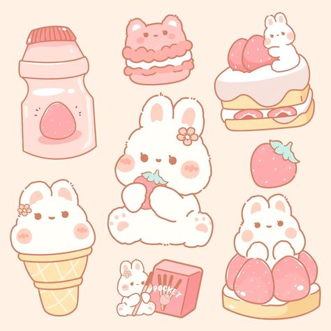 Pastel, Kawaii, Hello Kitty, Strawberry Dessert, Cute Strawberry, Cute Rabbit, Kawaii Food, Cartoon Animals, Premium Vector