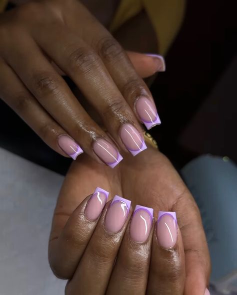 Lilac Acrylic Nail Designs, Simple Short Purple Nails, Summer Nails Lilac Design, Purple Double French Tip Nails, Short Acrylic Purple Nails, Purple Overlay Nails, Lilac Short Nails Design, Nails Acrylic Purple Lavender French Tip, Summer Nails Pastel Purple