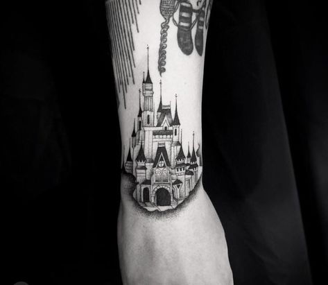 Goth Disney Castle by Josh S @ 10 Thousand Foxes Tattoo in Los Angeles California #tattoos #tattoo #beauty Los Angeles, Angeles, Goth Disney Tattoo, Foxes Tattoo, California Tattoos, Trip To Los Angeles, Goth Disney, Los Angeles Tattoo, Castle Tattoo
