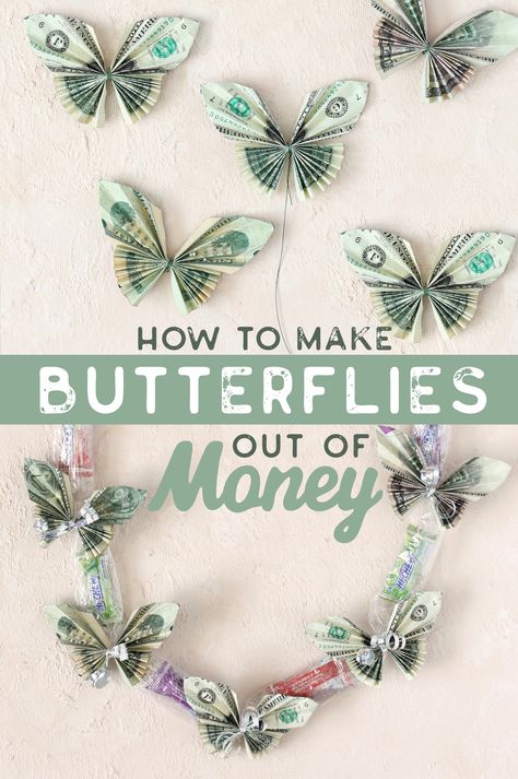 Learn how to fold dollar bills into butterflies. Such a fun way to give money as a gift! Add the butterflies to a graduation lei or to a bouquet of flowers or a houseplant. Money Gifts | Graduation Gifts | Birthday Gifts | Origami | Money Lei With Flowers, Dollar Bill Butterfly How To Make, Graduation Money Lei Butterfly, Make A Graduation Lei, Money Flower Leis For Graduation, Butterfly Money Lei Diy How To Make, Butterfly Dollar Origami, How To Make A Graduation Lei With Money, Money Candy Lei