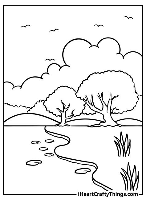 Drawing For Nature, Nature Easy Drawing, Drawing Without Color, Nature Coloring Pages For Kids, Nature To Draw, Landscape Drawing For Kids, Simple Nature Drawing, Nature Drawing Ideas, Nature Drawing For Kids