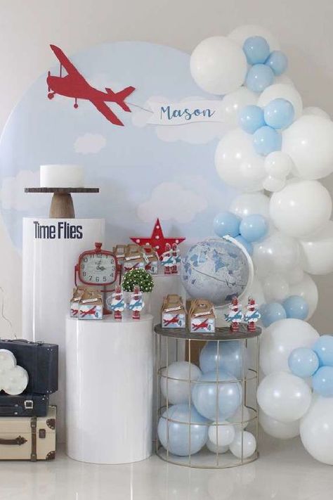 Check out this awesome airplane birthday party! The balloon decorations are wonderful! See more party ideas and share yours at CatchMyParty.com #catchmyparty #partyideas #airplanes #airplaneparty #boybirthdayparty Aeroplane Theme Birthday Party Decor, Aviator Party Theme 1st Birthdays, Aeroplane Theme Birthday Party, Aeroplane Party, Airplane Themed Birthday Party, Airplane Birthday Decorations, Airplane Birthday Theme, Airplane Party Theme, Vintage Airplane Birthday Party