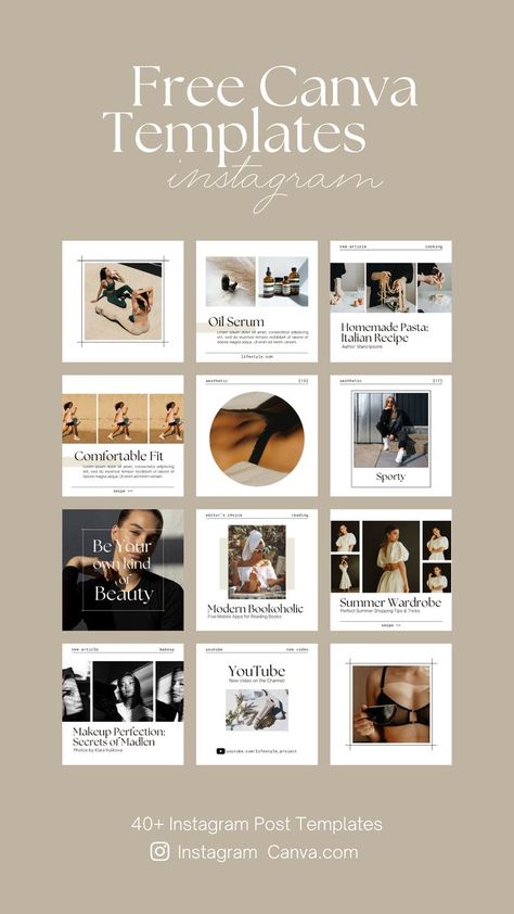 Lifestyle Instagram Pack will help you to create trendy aesthetic visual content for your Instagram. Ideal for any beauty fashion business, shop and store, motivating and inspiring project, personal blog, online course. Minimal and clear design. All templates are perfectly fit with each other. This pack includes 40+ social media post templates for your Instagram. All templates are fully editable and totally free for both personal and commercial use. You can easily change the design with Canva! Instagram Template For Fashion Brand, Social Media Content Design Layout, Best Instagram Post Design, Instagram Post About Me, Minimal Instagram Post Template, Instagram Tiles Graphic Design, Best Canva Templates For Instagram, Online Blog Aesthetic, Course Instagram Post