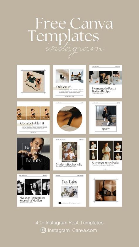 Lifestyle Instagram Pack will help you to create trendy aesthetic visual content for your Instagram. Ideal for any beauty fashion business, shop and store, motivating and inspiring project, personal blog, online course. Minimal and clear design. All templates are perfectly fit with each other. This pack includes 40+ social media post templates for your Instagram. All templates are fully editable and totally free for both personal and commercial use. You can easily change the design with Canva! Social Media Content Design Layout, Best Instagram Post Design, Minimal Instagram Post Template, Instagram Tiles Graphic Design, Fashion Feeds Instagram, Personal Blog Post Ideas Instagram, Online Blog Aesthetic, Free Templates For Instagram Post, Aesthetic Instagram Feed For Business