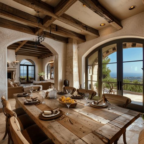 33 Mediterranean Dining Room Ideas That Will Make You Feel Like You're Mexico, Dining Room Mediterranean Style, Mediterranean Rustic Home, Spanish Mediterranean Bedroom, Transitional Mediterranean Home, Mediterranean Dining Room Ideas, Modern Mediterranean Interior Design, Tuscany Style Home, Wine Yard