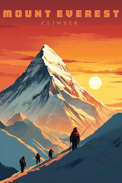 Mountain Climbing Painting, Mount Everest Illustration, Mount Everest Painting, Mountain Climbing Illustration, Everest Illustration, Everest Painting, Everest Poster, Mount Everest Climbers, Everest Climbing