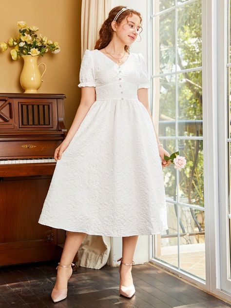 White Casual Collar Short Sleeve Woven Fabric Plain A Line Embellished Non-Stretch  Teen Girls Clothing First Communion Dresses Catholic Simple, First Communion Dresses For Teens, Confirmation Dresses For Teens Catholic, First Communion Dresses Catholic, Confirmation Dresses For Teens, Big Bow Dress, Confirmation Dresses, White Frock, Holy Communion Dresses