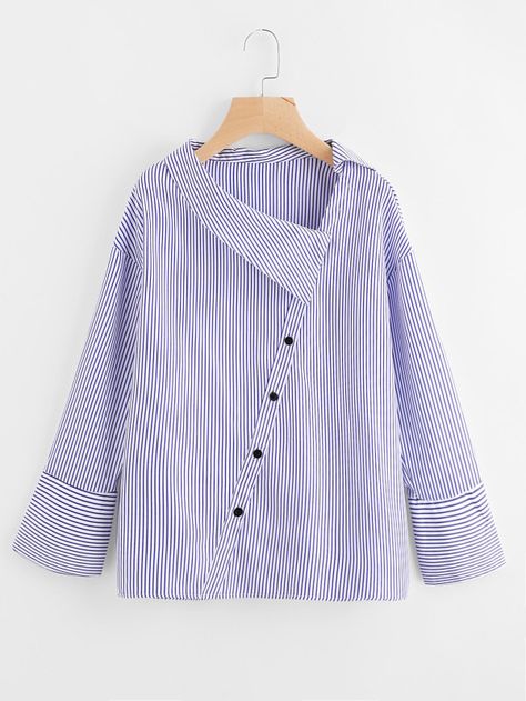 Asymmetric Collar Drop Shoulder Striped Blouse -SheIn(Sheinside) Women Shirt Designs, Áo Blu, Shirt Design For Girls, Sewing Blouses, Blouse Casual Fashion, Fashion Tops Blouse, Kurti Neck Designs, Clothes Ideas, Kurta Designs