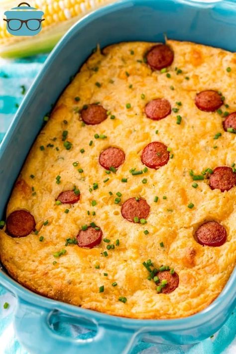 This Hot Dog Corn Casserole recipe is corn casserole with a twist that both kids and adults will love when it hits the dinner table! Casserole With Hot Dogs, Corn Dog Hot Dish, Chili Corndog Casserole, Corndog Casserole Jiffy, Corn Dog Casserole Jiffy, Hot Dog Cornbread Casserole, Recipes Using Hot Dogs, Recipe With Hot Dogs, Corndog Casserole