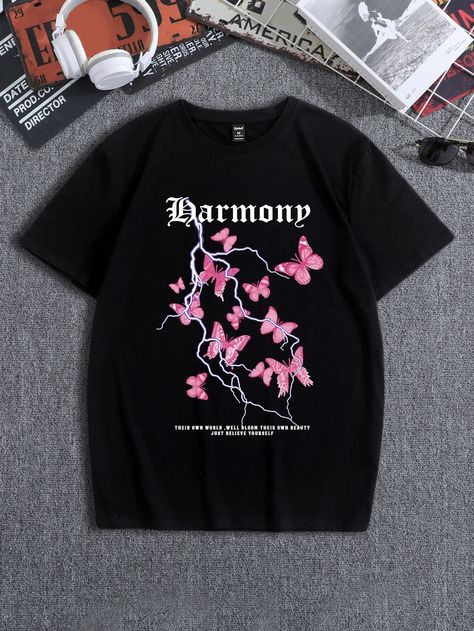 Black Casual Collar Short Sleeve Fabric Letter,Butterfly  Embellished Slight Stretch Summer Men Tops Butterfly Clothing, Tomboy Shirts, Butterfly Clothes, Marvel Clothes, Tshirt Design Men, Street Life, Shirt Design Inspiration, Black Graphic Tees, Cute Lazy Outfits