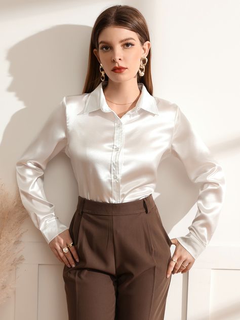 Solid Button Front Satin Shirt | SHEIN USA Satin Formal Shirt Women, Satin Shirt Formal Outfit, How To Style White Satin Shirt, White Formal Tops For Women, Shiny Shirt Outfit, Cream Silk Shirt Outfit, Off White Satin Shirt Outfit, Beige Satin Blouse Outfit, White Satin Shirt Outfit Classy