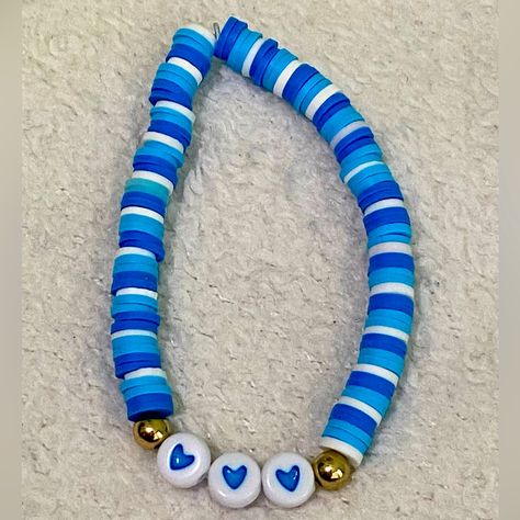 -Handmade Clay Bead Bracelet With White,Blue,Gold, And Heart Bead-Great Condition /Never Worn -Stretchy White Clay Bead Bracelet, Clay Bead Bracelets, Clay Bead Necklace, Beaded Braclets, Clay Bead Bracelet, Vintage Bangle Bracelets, Blue Beaded Bracelets, Faux Pearl Bracelet, Silver Bling