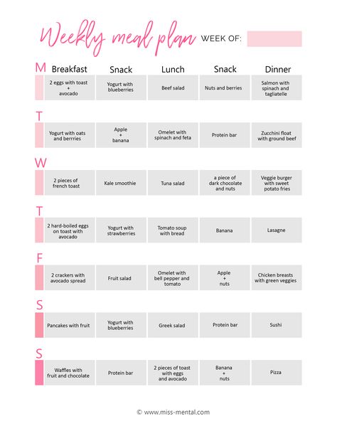 This is an example of a meal plan you can make with the free printable meal planner. Download the meal plan template and make your own meal plan. Start organizing your breakfast, lunch, dinner and snacks and live healthier and stick to your food goals #missmental Calendar Meal Plan, How To Build A Meal Plan, Weekly Meal Schedule Ideas, How To Make A Meal Plan For The Week, Healthy Breakfast For The Week, Dinner Planner Ideas, Food Week Plan Meal Ideas, One Month Meal Plan Healthy, Healthy Meals Breakfast Lunch And Dinner