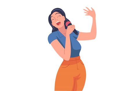 Woman Singer and Musician with Microphone Performing Music on Stage Vector Illustration. Young Female Vocalist Singing Creating Sounds with Voice Singing Illustration, Singer Illustration, Sing Animation, Goofy Things, Mobius Strip, Jazz Singer, Woman Singing, 2d Illustration, Singing Competitions