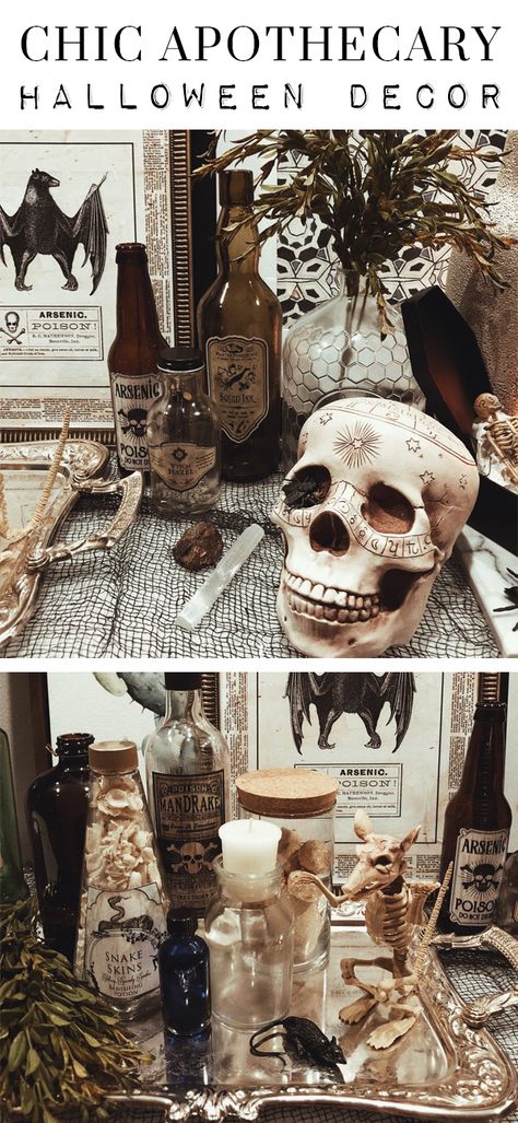 Apothecary Theme Party, Witchy Halloween Aesthetic Decor, Scary Witch Decorations, Non Scary Halloween Decor, Spooky Apothecary, Chic Halloween Party, Halloween Shelf Decor, Apothecary Shelf, Apothecary Halloween