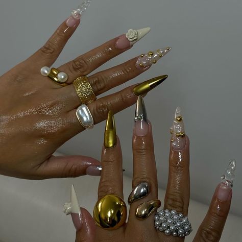 GEL X SPECIALIST | BELL GARDENS CA | 🏆🏆🏆                             #nailart #nailinspo #goldchromenails #longnails              #rednails #downeynails #bellgardennails… | Instagram Lucky 7 Nails, Mixed Metals Aesthetic, Gold Chrome Nail Art, Chrome Nail Art Designs, Antique Nails, Maximalist Nails, Jewelry Desk, Two Tone Nails, Polished Aesthetic