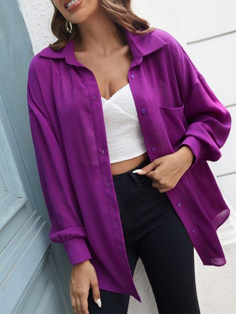 Purple Chemise Outfit, Violet Shirt Outfit, Purple Shirt Outfit Women, Purple Shirt Outfit, Black Blouse Outfit, Purple Shirt Outfits, Purple Top Outfit, Light Blue Jeans Outfit, Bright Colored Outfits