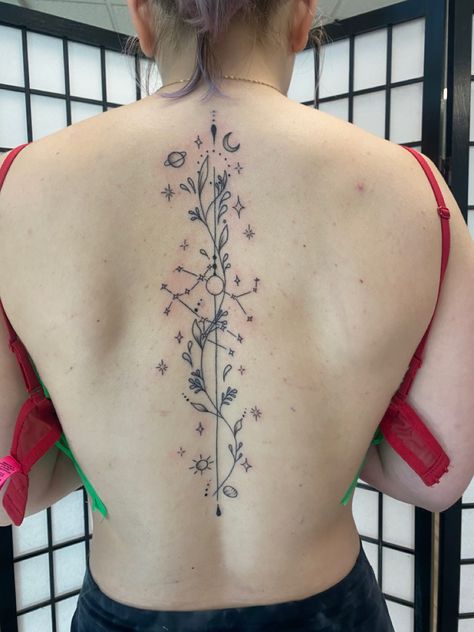 Mandalas, Spine Tattoos Constellation, Back Tattoo Constellation, Star Tattoos Spine, Spine Tattoo Space, Spine Tattoos For Women Space, Constellation Tattoo Spine, Spine Tattoo Planets, Star Spine Tattoos For Women