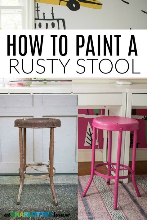 I found this rusty stool at the flea market for $5 but it has a whole new lease on life thanks to Rust-Oleum's stop rust spray paint! #spraypainting #fleamarketflup, #homemadewith joann Amigurumi Patterns, Paint Over Rusted Metal, How To Paint Over Rusted Metal, How To Paint Rusted Metal, Metal Stool Makeover, Paint Metal Furniture, Painting Rusted Metal, Revamping Furniture, Painting Rusty Metal