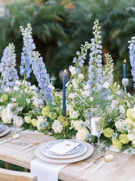 Blue Accent Flowers, Diy Floral Wedding Backdrop, Outdoor Event Table Setup, Blue And White Winter Wedding Flowers, Blue Glass Wedding Decor, Delphinium Table Arrangement, Peonies And Ranunculus, Weddings By Water, Whalehead Club Wedding