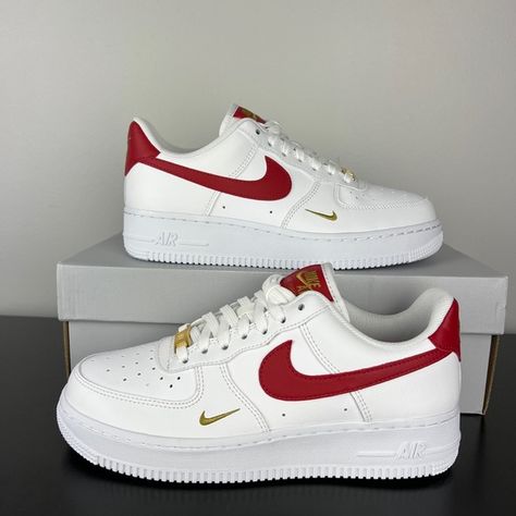 New Womens Nike Air Force 1 Essential Gym Red Gold White CZ0270-104 Nike Air Force Red And White, Red Nikes For Women, White And Red Air Force 1, Air Force 1 Red And White, Red And Gold Sneakers, Quince Nike Shoes, Red Shoes Nike, Shoe Wishlist Women, Nike Air Force Woman