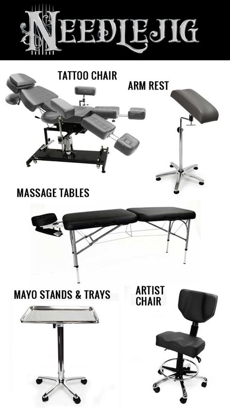 TATTOO F-U-R-N-I-T-U-R-E  All you need to keep your clients comfy while you tattoo. Our folding massage tables are great for conventions, and our Tattoo Chair will give you the most choices for your buck!!!    #needlejig # #tattoofurniture #tattoochair #tattoosupply #tattoosupplies #tattooshop #tattoostudio #tattooparlor #tattooartist Tattoo Studio Decoration, Behind Tattoo, Tattoo Furniture, Fabrication Table, Tattoo Artist Tips, Tattoo Shop Interior, Tattoo Shop Decor, Tattoo Studio Interior, Artist Chair