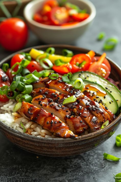 Teriyaki chicken bowl with rice, sliced avocado, and fresh vegetables, garnished with green onions and sesame seeds. Essen, Teriyaki Chicken Bowls Recipe, Teriyaki Chicken Ramen Bowl, Chicken Bowls Asian, High Protein Teriyaki Chicken Bowl, Chicken Dinner Bowls, Meal Bowl Recipes, Macro Friendly Teriyaki Chicken, Poke Bowl Chicken Teriyaki