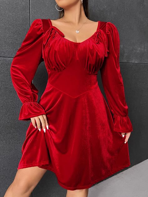 Red Elegant Collar Long Sleeve Flannelette Plain A Line Embellished Slight Stretch  Plus Size Dresses Velvet Plus Size Dress, Rose Velvet Dress, Velvet Plus Size, Sleeved Velvet Dress, Velvet Party Dress, Pink Polka Dot Dress, Velvet Tunic, Tunic Designs, Rose Velvet